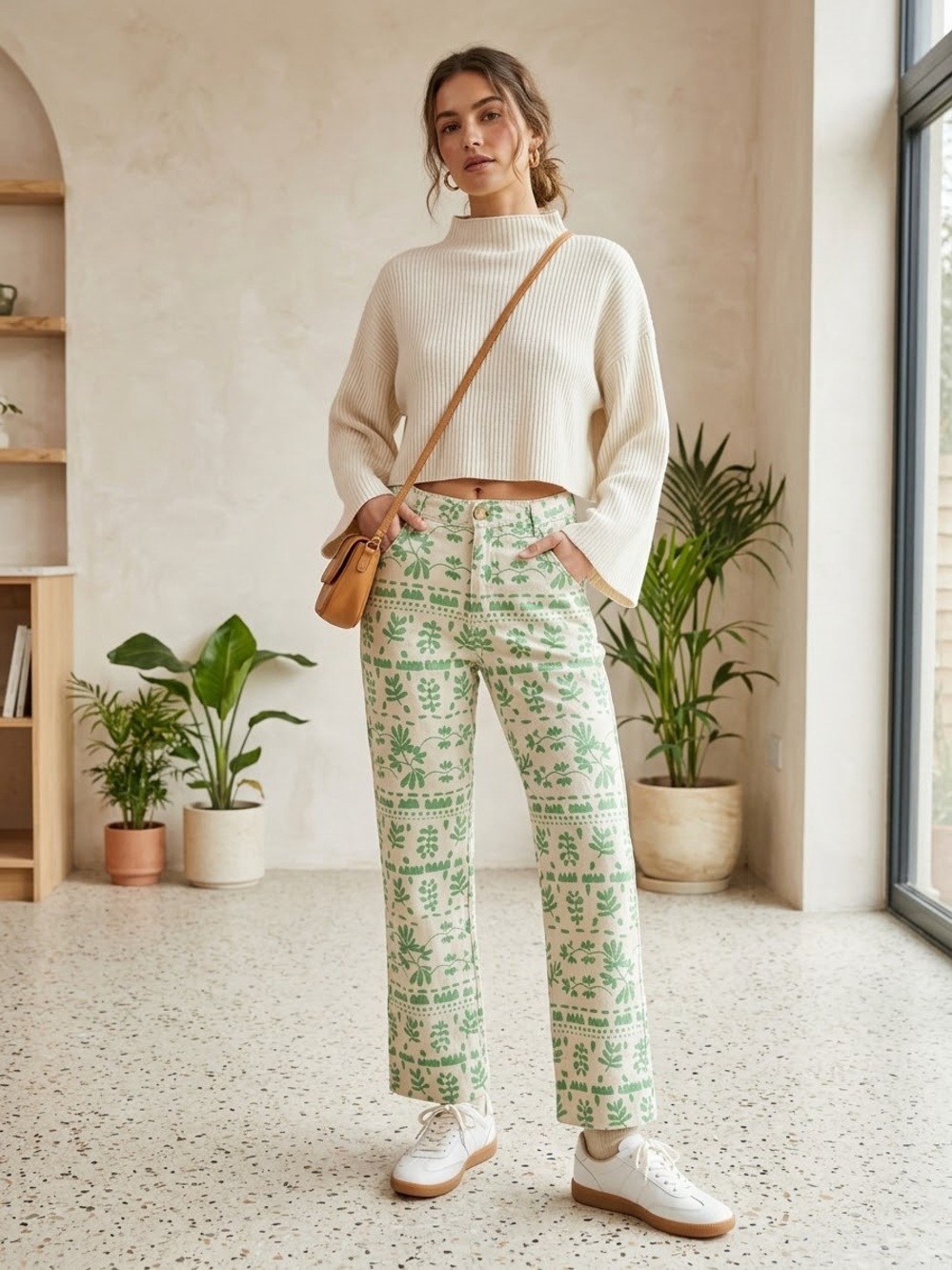 Zara Linen Leaf Print Boho High Rise Lightweight Straight Leg Pants Small